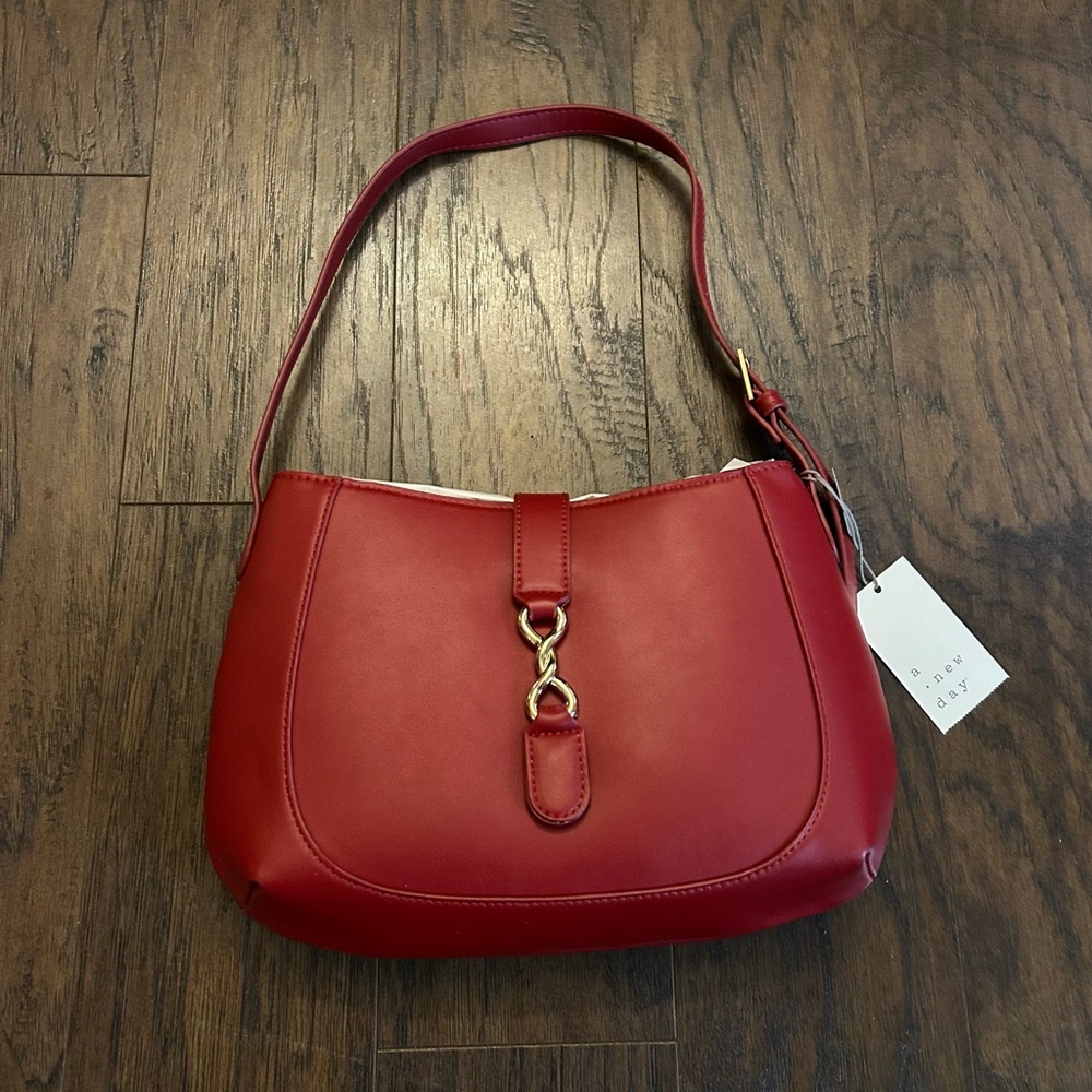 A New Day Bold Red Belted Shoulder Handbag Gold Hardware NWT
